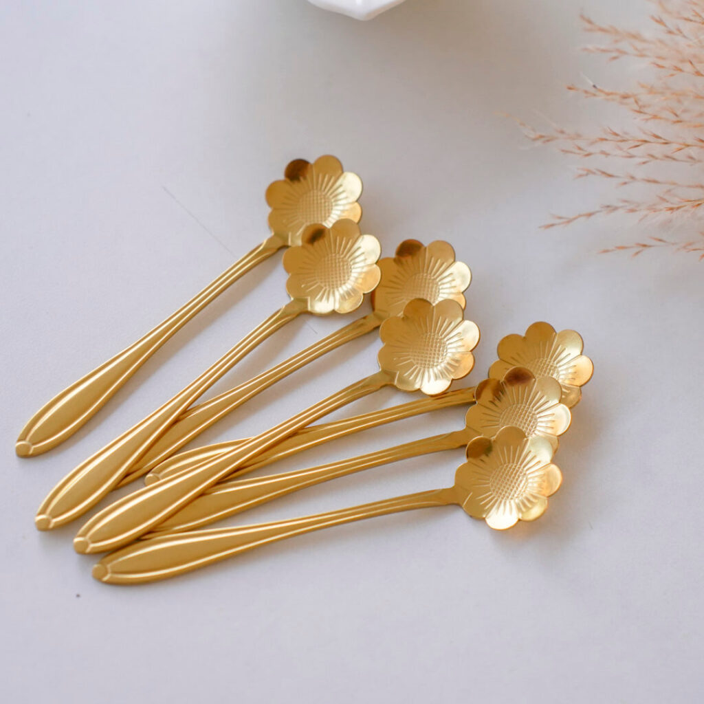Small Dessert & Tea Spoons |Set of 6 | Gold Chrysanthemum Flower